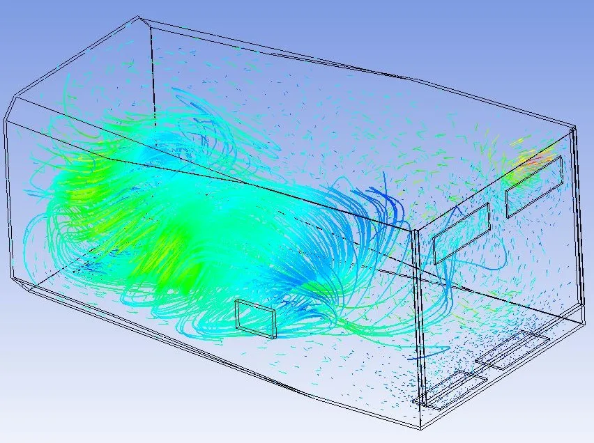 CFD airflow streamlines inside the office container showing the main circulation loop and the low-flow, near-stagnant corners