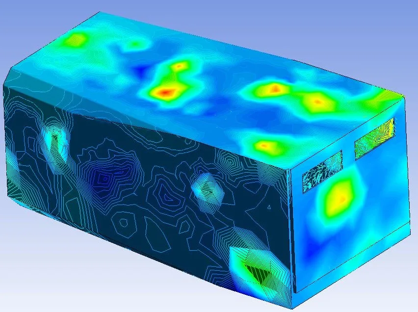 CFD contour plot of air velocity and temperature across an office container from the HVAC airflow analysis in Ansys Fluent