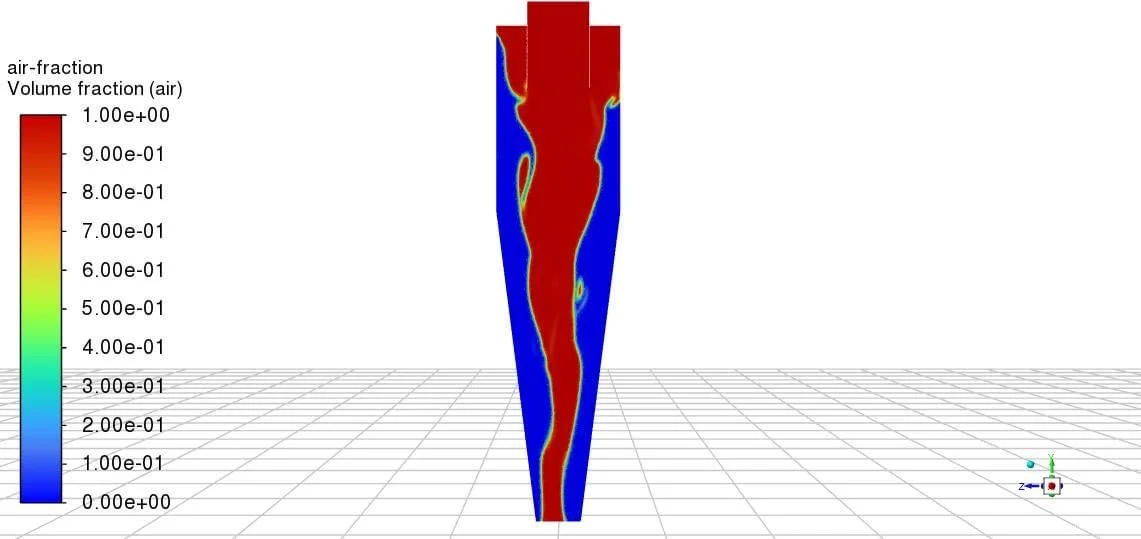 Multiphase CFD air volume fraction contour of a cyclone separator in Ansys Fluent showing the air core running down the centre of the swirling flow