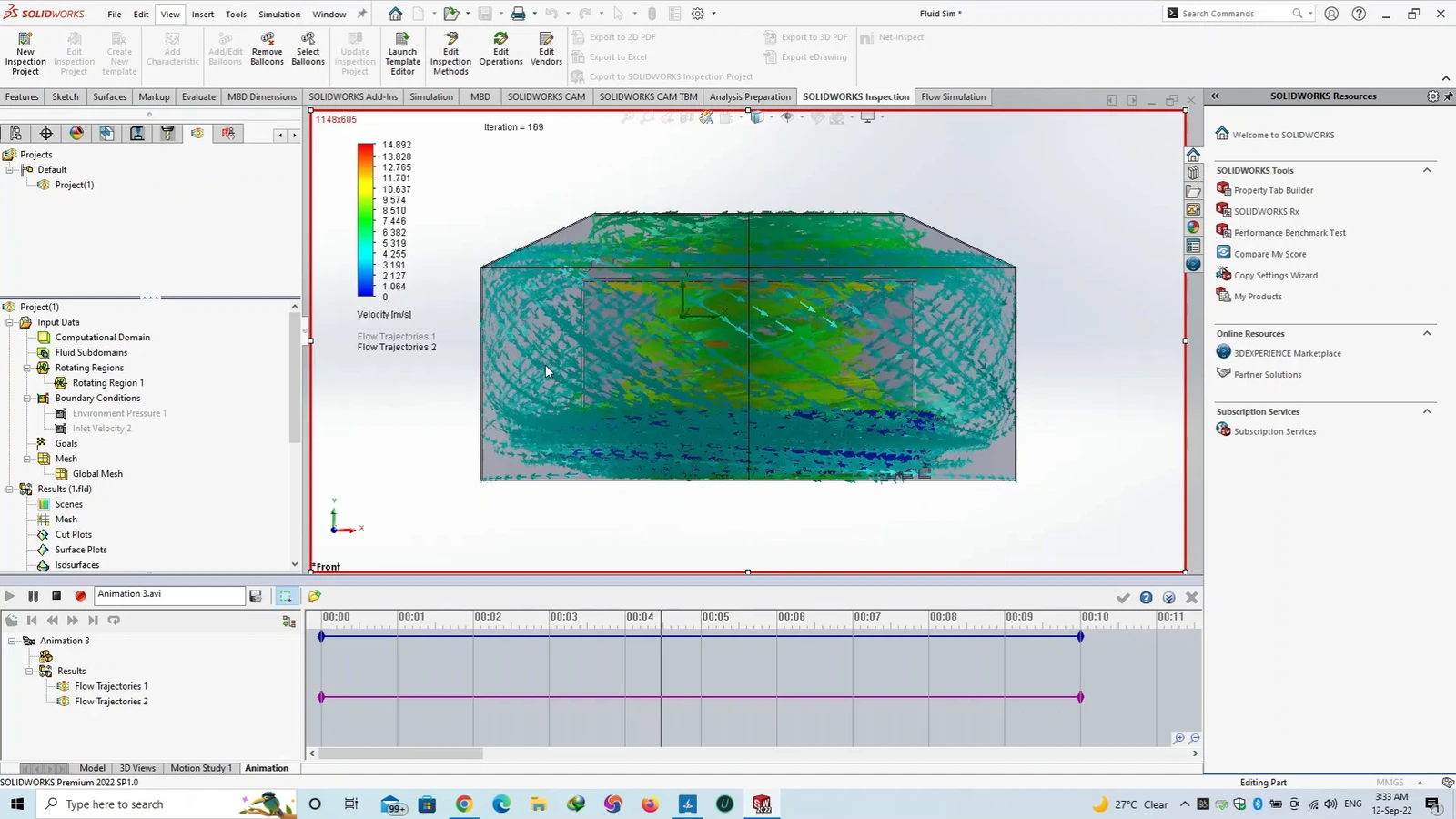 CFD flow trajectories inside a toroidal swirl separator in SolidWorks Flow Simulation, showing the air spinning through the device