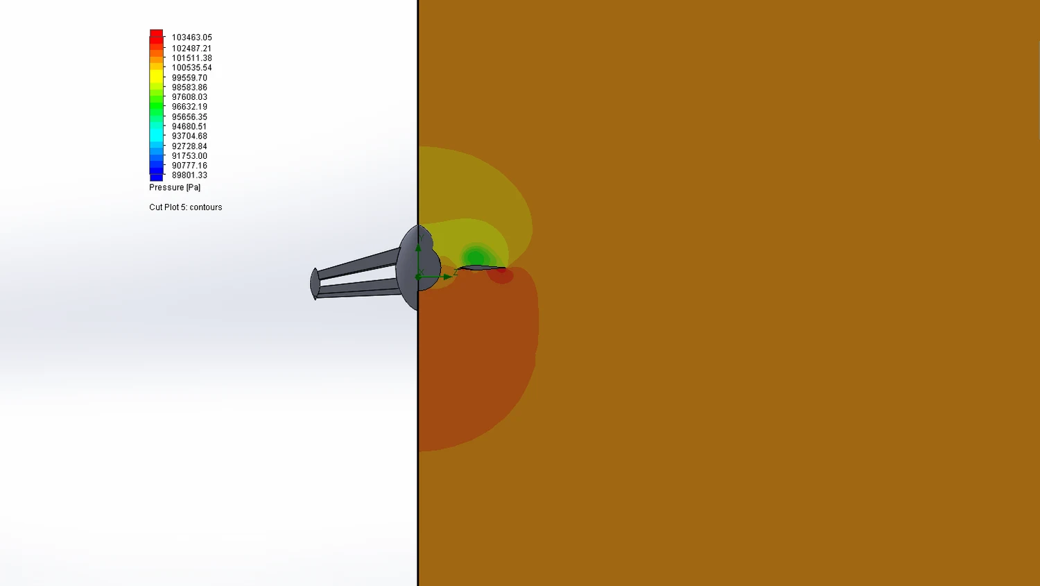 CFD pressure cut-plane around the tandem-wing aircraft showing the high-pressure region ahead of the body