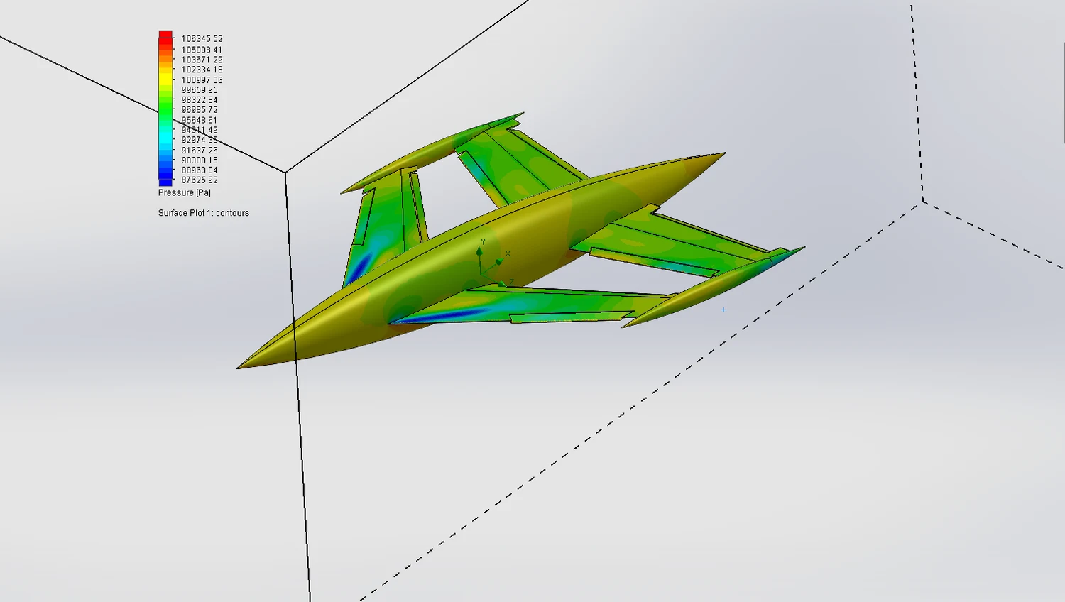 CFD surface pressure plot on the tandem-wing aircraft in SolidWorks Flow Simulation, showing the aerodynamic load shared across the two wings