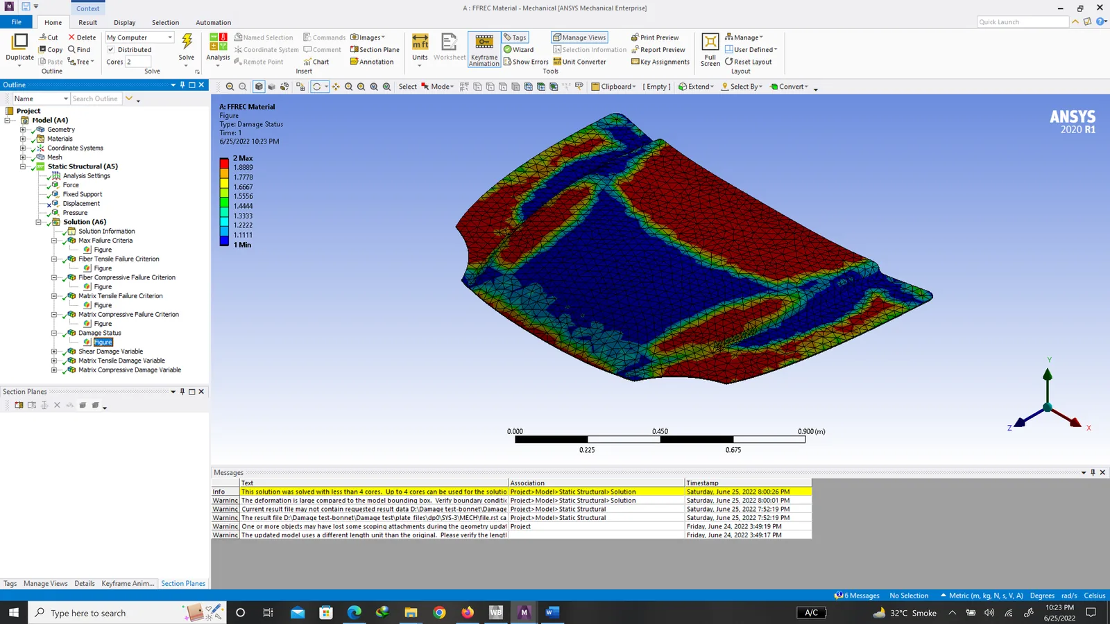 ANSYS composite damage and failure contour on the flax fiber reinforced epoxy (FFREC) car bonnet showing fiber and matrix failure regions