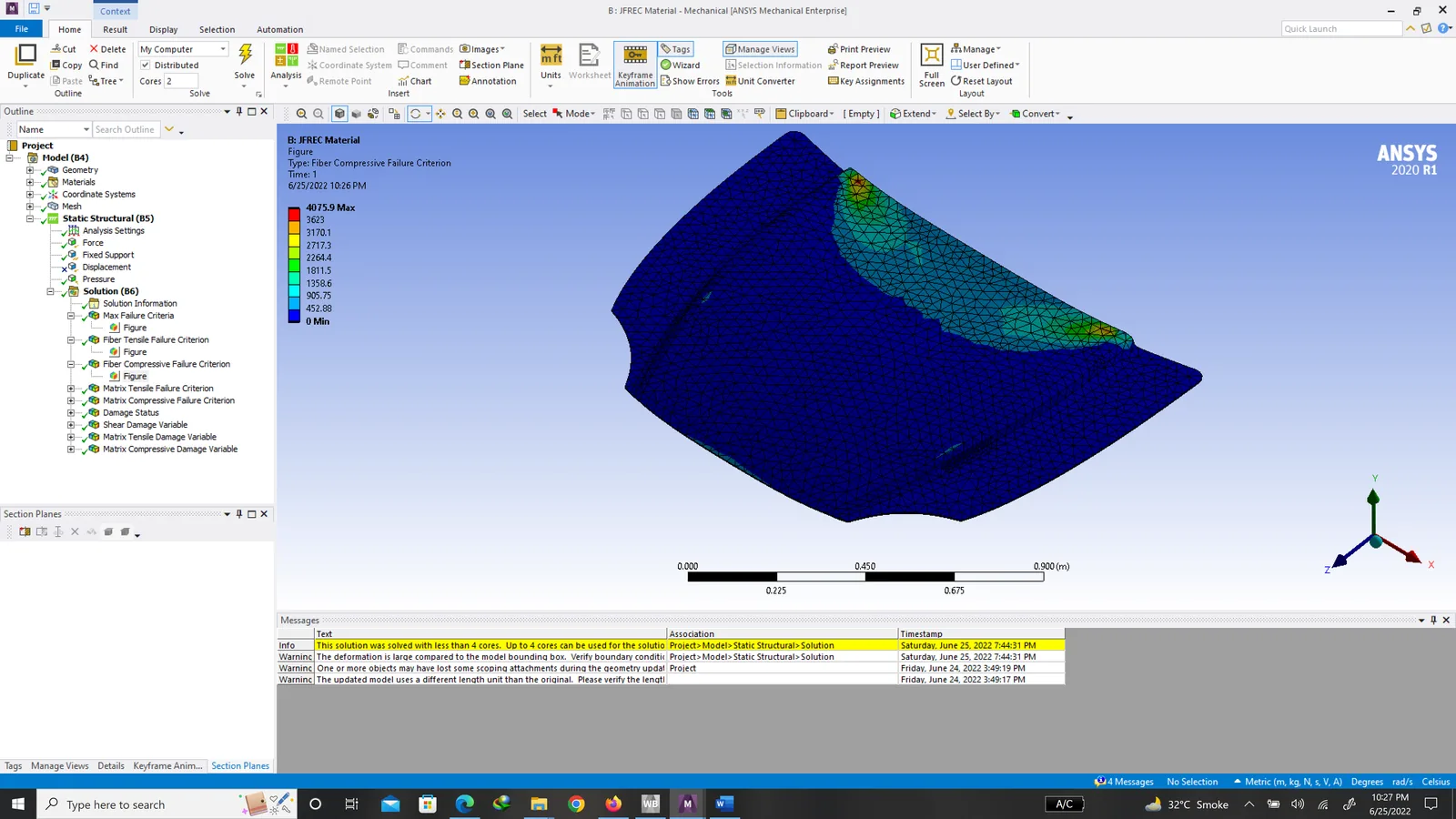 ANSYS equivalent von-Mises stress contour on the jute fiber reinforced epoxy (JFREC) car bonnet under the same loading as the flax design