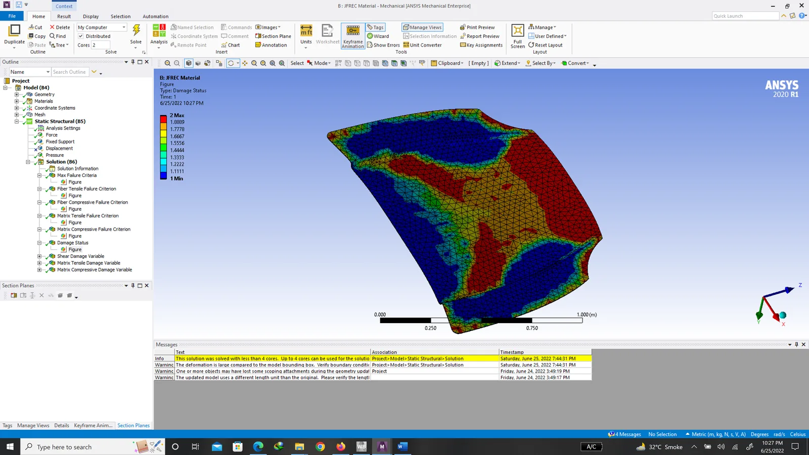 ANSYS composite damage contour on the jute fiber reinforced epoxy (JFREC) car bonnet showing fiber and matrix failure distribution