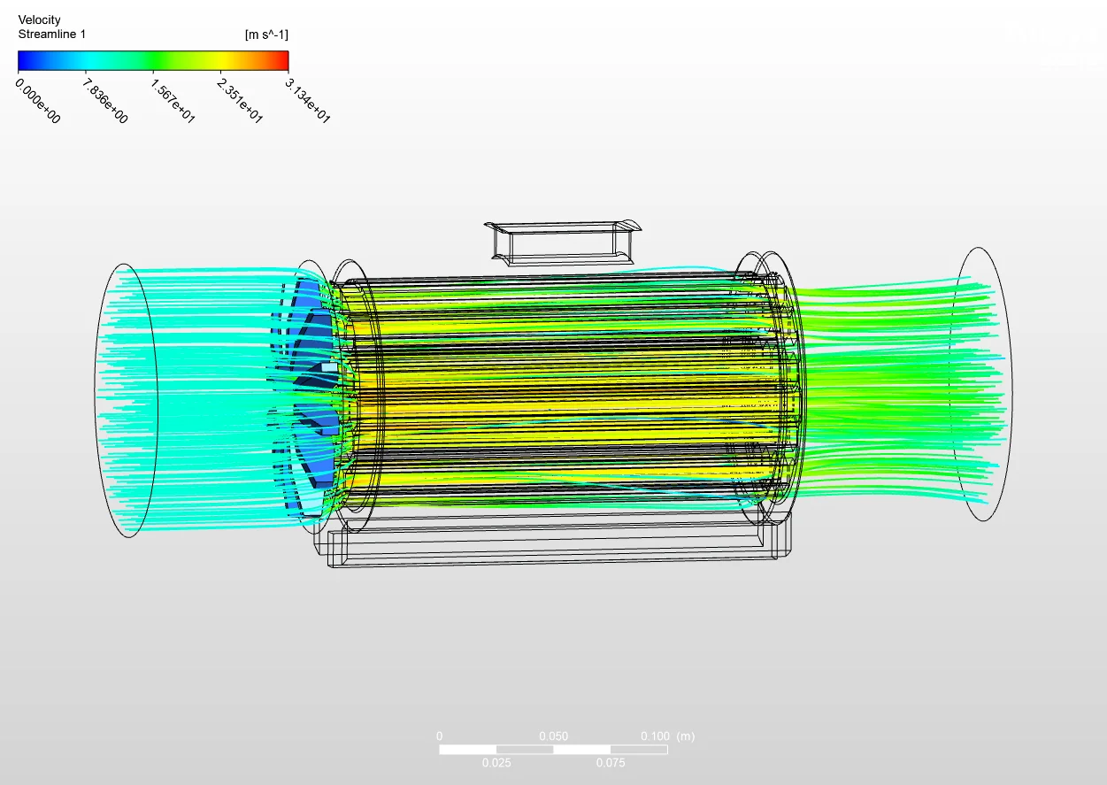 Side view of Ansys CFX velocity streamlines passing the fan and leaving the fan heater through the outlet