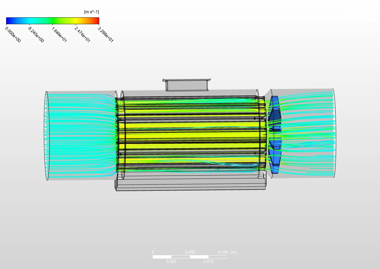 Ansys CFX velocity streamlines showing airflow through a fan heater from inlet to outlet, coloured by air speed up to around 33 m/s