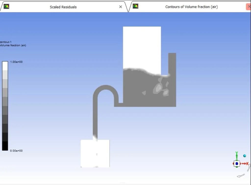 Water volume fraction contour showing the tank filling as the water level rises toward the U-tube