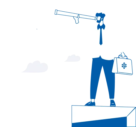 Illustration of a person in business attire standing on a platform, holding a briefcase and looking through a telescope. Clouds are visible in the background, conveying a theme of exploration or planning.