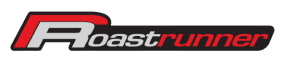 Logo featuring the word Roastrunner in stylized text. The R is large and colored in a mix of gray, red, and black, while the rest of the text is split into black for roast and red for runner.